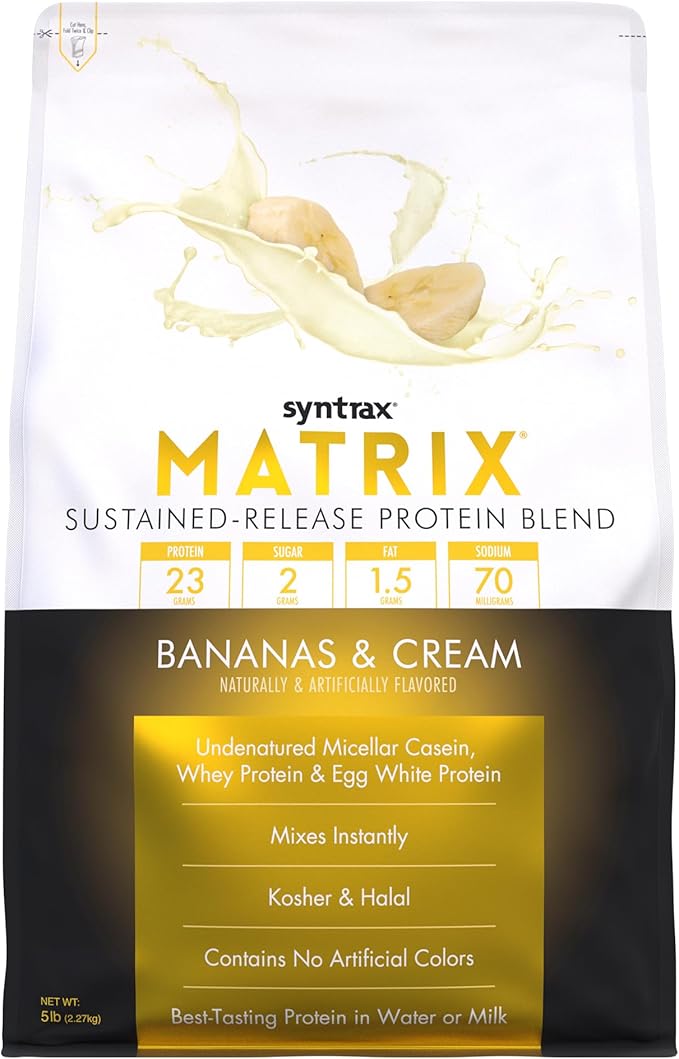 Syntrax Nutrition Matrix Proteína en polvo, mezcla de proteínas de liberación sostenida, plátanos y crema, 5 libras Syntrax Nutrition Matrix Proteína en polvo, mezcla de proteínas de liberación sostenida, plátanos y crema, 5 libras